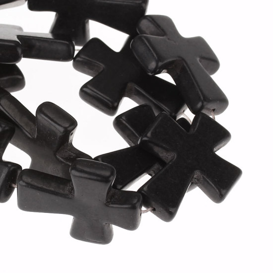 Picture of (Grade D) Howlite Imitated Black Turquoise Loose Beads Cross About 3.7cm(1 4/8") x 3.1cm(1 2/8"), Hole: Approx 1.2mm, 40.4cm(15 7/8") long, 1 Strand (Approx 11 PCs/Strand)