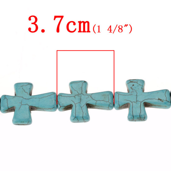 Picture of (Grade D) Howlite Imitated Turquoise Loose Beads Cross Malachite Green About 3.7cm(1 4/8") x 3cm(1 1/8"), Hole: Approx 1.6mm, 40.3cm(15 7/8") long, 1 Strand (Approx 11 PCs/Strand)