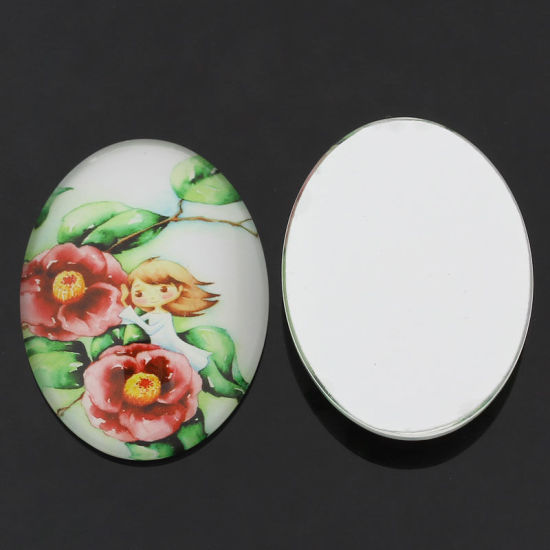 Picture of Glass Dome Seals Cabochons Oval Flatback Multicolor Beauty Girl Flower Pattern 4cm x 3cm(1 5/8"x 1 1/8"), 10 PCs