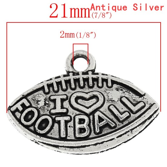 Image de 8 Pcs Breloques Sport en Alliage de Zinc Argent Vieilli Rugby Mots " I Love Football " 21mm x 15mm