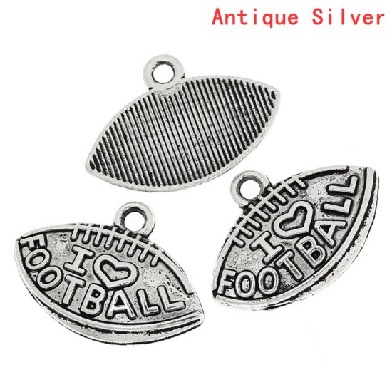 Image de 8 Pcs Breloques Sport en Alliage de Zinc Argent Vieilli Rugby Mots " I Love Football " 21mm x 15mm