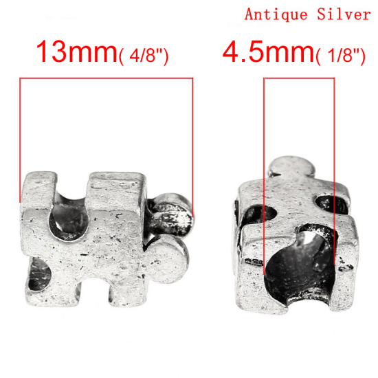 Bild von Zinklegierung European Stil Charm Großlochperlen Puzzle Antiksilber 13mm x 8mm, Loch: 4.5mm, 30 Stück