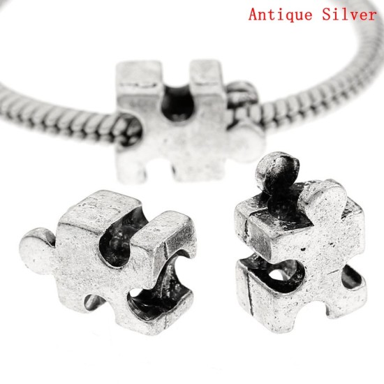 Bild von Zinklegierung European Stil Charm Großlochperlen Puzzle Antiksilber 13mm x 8mm, Loch: 4.5mm, 30 Stück