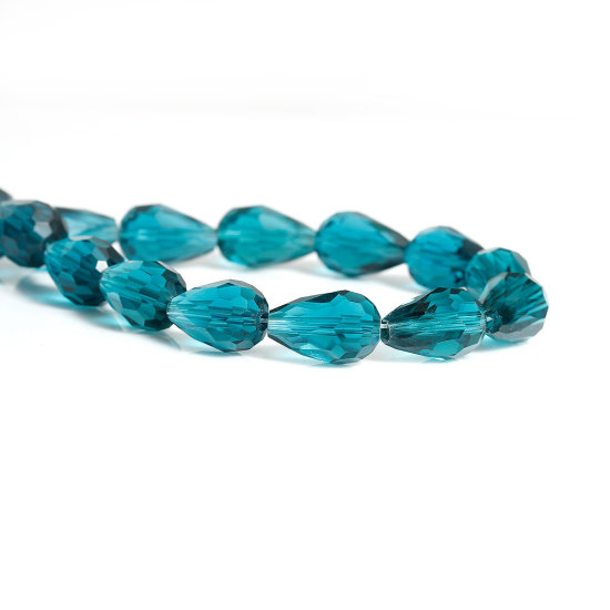 Picture of Crystal Glass Loose Beads Teardrop Peacock Blue Faceted 15mm x 10mm,76cm long, 1 Strand(approx 50PCs)