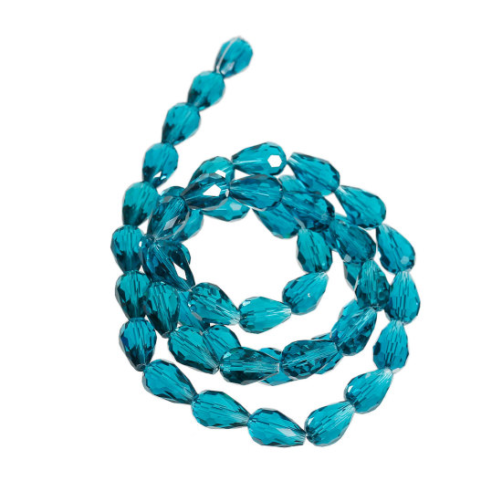 Picture of Crystal Glass Loose Beads Teardrop Peacock Blue Faceted 15mm x 10mm,76cm long, 1 Strand(approx 50PCs)