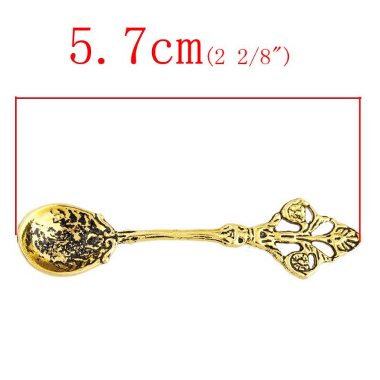 Picture of Zinc Based Alloy 3D Pendants Spoon Tableware Gold Tone Antique Gold Leaf Carved Hollow 5.7cm x1.5cm(2 2/8" x 5/8"), 30 PCs