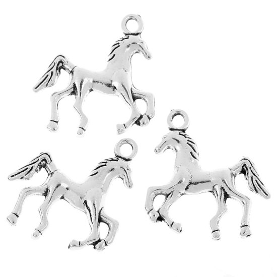 Picture of Zinc Metal Alloy Charm Pendants Horse Animal Antique Silver Color 22mm( 7/8") x 22mm( 7/8"), 50 PCs