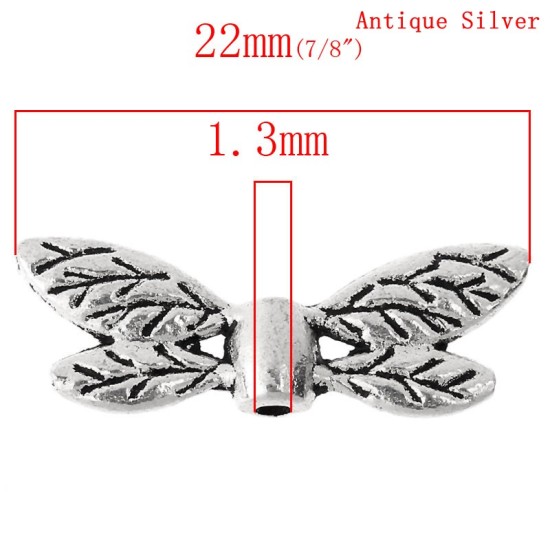 Bild von Zinklegierung Perlen Libellen Flügel Antik Silber 22mm x 8mm, Loch: 1.3mm, 100 Stücke