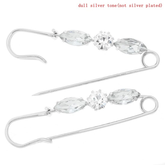 Imagen de Pin Broches Aleación + Brillantitos + Acrílico Tono de Plata 6.5cm x 1.5cm, 10 Unidades