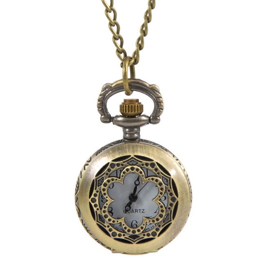 Изображение часы С батареей Карманные Античная Бронза Круглые с узором “ Цветок ”, 83.0см длина, 1 ШТ 