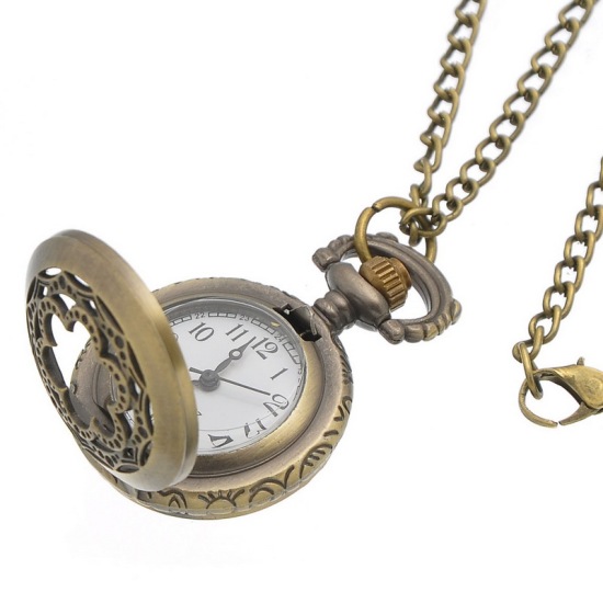 Bild von Zinklegierung + Legierung  Taschenuhr Uhr mit Batterie Rund Bronzefarbe, mit Blumen Muster, 83.0cm lang, 1 Stück