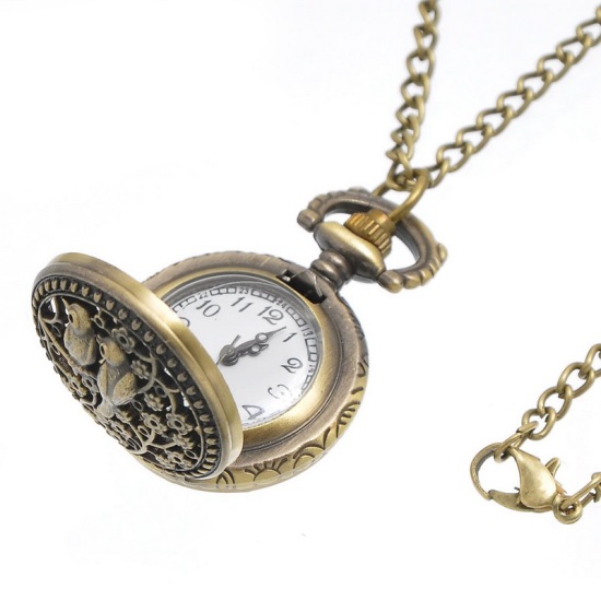 Bild von Zinklegierung Taschenuhr Uhr mit Batterie Rund Bronzefarbe, mit Vogel Muster, 83.0cm lang, 1 Stück