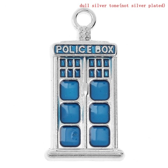 Immagine di Lega di Zinco Charm Ciondoli Rettangolo Tono Argento Lettere Scolpito " POLICE BOX " Smalto 27mm x 14mm , 1 Pz