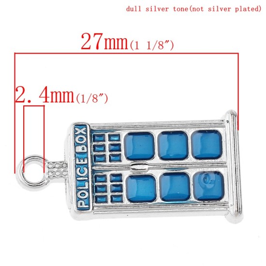 Immagine di Lega di Zinco Charm Ciondoli Rettangolo Tono Argento Lettere Scolpito " POLICE BOX " Smalto 27mm x 14mm , 1 Pz