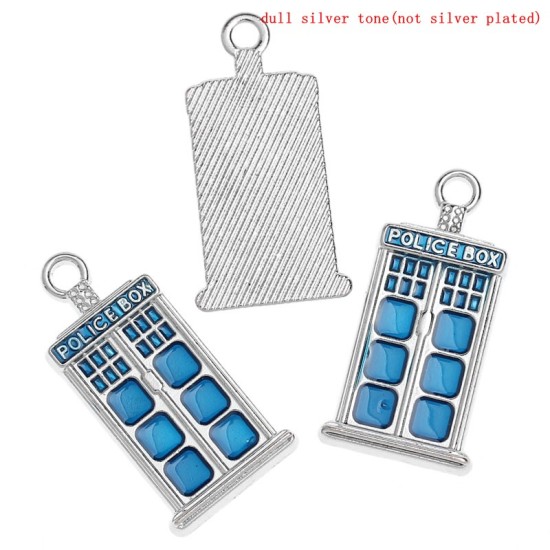 Immagine di Lega di Zinco Charm Ciondoli Rettangolo Tono Argento Lettere Scolpito " POLICE BOX " Smalto 27mm x 14mm , 1 Pz