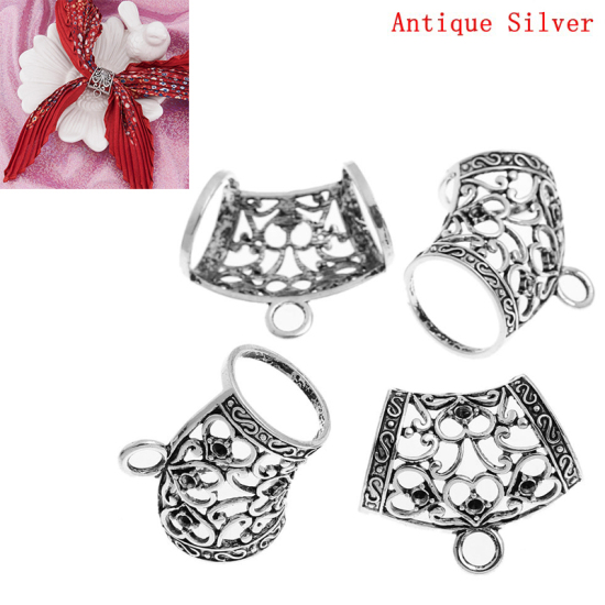 Picture of Bail Beads for Wrap Scarf Antique Silver Color(Can Hold ss12 Rhinestone) Heart Pattern Carved Hollow 4.3cm x 3.7cm,5PCs