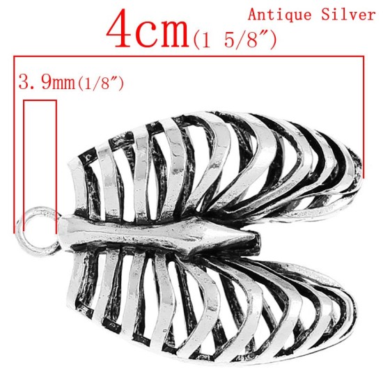 Picture of Zinc Metal Alloy Pendants Rib Cage /Thorax Antique Silver Color 4cm(1 5/8") x 3cm(1 1/8"), 3 PCs