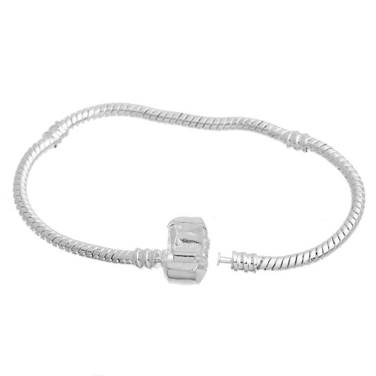 Picture of Copper European Style Snake Chain Charm Bracelets Silver Plated W/ Stopper Clip For Kids/Children 17cm(6 6/8") long, 2 PCs