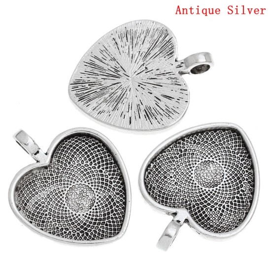 Picture of Zinc Based Alloy Cabochon Setting Pendants Heart Antique Silver Color (Fits 25mm x 25mm) 36mm x 28mm, 20 PCs