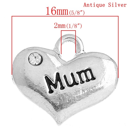 Picture of Zinc Metal Alloy Charm Pendants Heart Antique Silver Message " MUM " Carved Clear Rhinestone 16mm( 5/8") x 14mm( 4/8"), 20 PCs