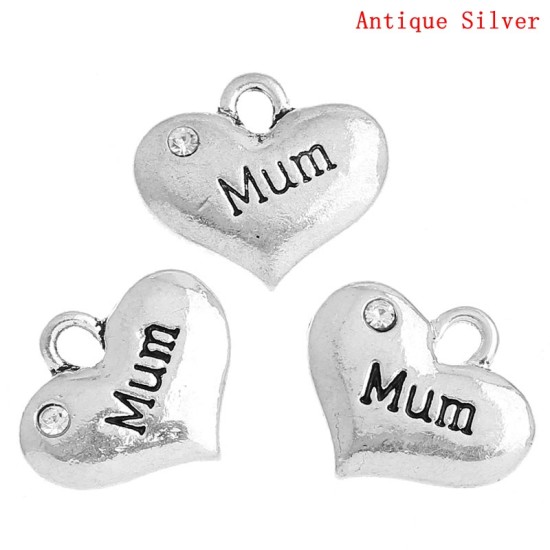 Picture of Zinc Metal Alloy Charm Pendants Heart Antique Silver Message " MUM " Carved Clear Rhinestone 16mm( 5/8") x 14mm( 4/8"), 20 PCs