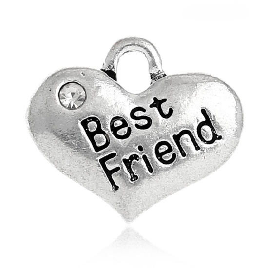 Picture of Zinc Metal Alloy Charm Pendants Heart Antique Silver Message " BEST FRIEND " Carved Clear Rhinestone 16mm( 5/8") x 14mm( 4/8"), 20 PCs