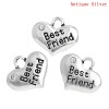 Picture of 20 PCs Zinc Based Alloy Charms Antique Silver Color Heart Message " BEST FRIENDS " Clear Rhinestone 16mm x 14mm