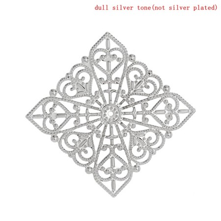 Picture of Filigree Stamping Embellishment Findings Square Silver Tone Heart Pattern Hollow 4cm x 4cm,100PCs
