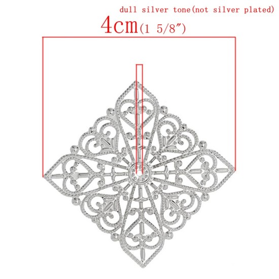 Bild von Filigran Verbinder Verzierung Quadrat Silberfarbenmit Herz Motiv 4.0cm x 4.0cm, 100 Stück