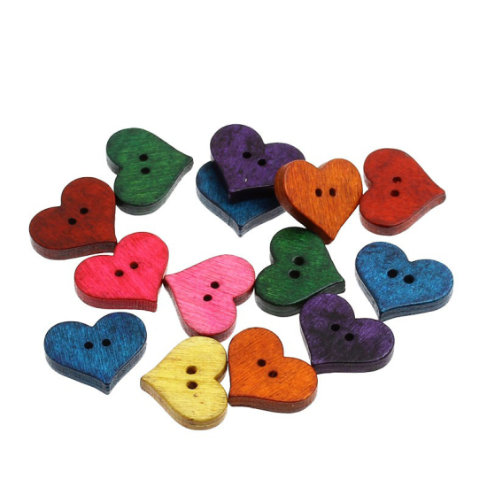Picture of Wood Sewing Button Scrapbooking Heart At Random Mixed 2 Holes 20mm( 6/8") x 16.5mm( 5/8"), 100 PCs