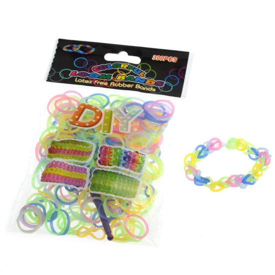 Picture of Silicone Bands For Loom Bracelet DIY Craft Making With Crochet Hook and S-Shape Clips Multicolor 8.4cmx0.6cm 17mm 12mmx6mm, 5 Packets(Approx 300PCs/Packet)