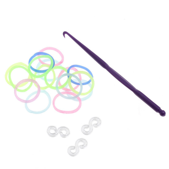 Picture of Silicone Bands For Loom Bracelet DIY Craft Making With Crochet Hook and S-Shape Clips Multicolor 8.4cmx0.6cm 17mm 12mmx6mm, 5 Packets(Approx 300PCs/Packet)