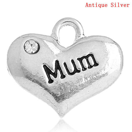 Picture of 20 PCs Zinc Based Alloy Mother's Day Charms Antique Silver Color Heart Message " MUM " Clear Rhinestone 16mm x 14mm