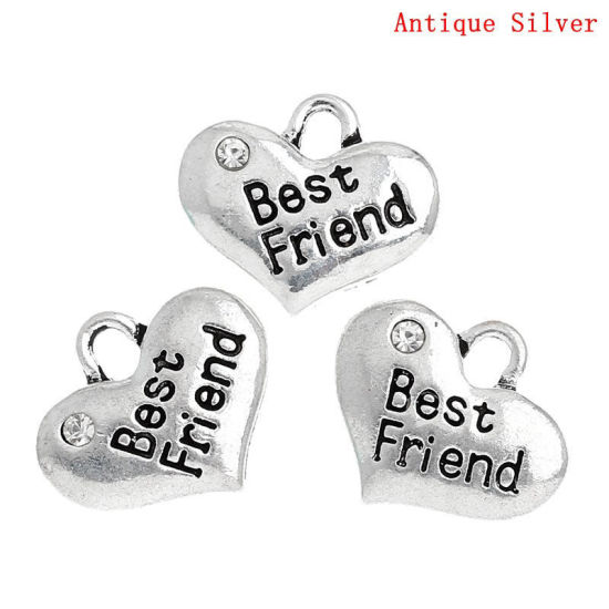 Immagine di 20 Pz Lega di Zinco Ciondoli Argento Antico Cuore Lettere " BEST FRIENDS " Trasparente Strass 16mm x 14mm