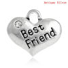 Picture of 100 PCs Zinc Based Alloy Charms Antique Silver Color Heart Message " Best Friend " Clear Rhinestone 16mm x 14mm