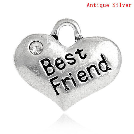 100 PCs Zinc Based Alloy Charms Antique Silver Color Heart Message " Best Friend " Clear Rhinestone 16mm x 14mm