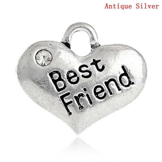 Picture of 100 PCs Zinc Based Alloy Charms Antique Silver Color Heart Message " Best Friend " Clear Rhinestone 16mm x 14mm