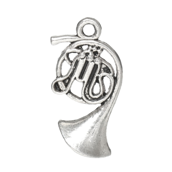 Picture of Zinc Metal Alloy Charm Pendants Musical Instrument French Horn Antique Silver Color 24mm(1") x 13mm( 4/8"), 100 PCs