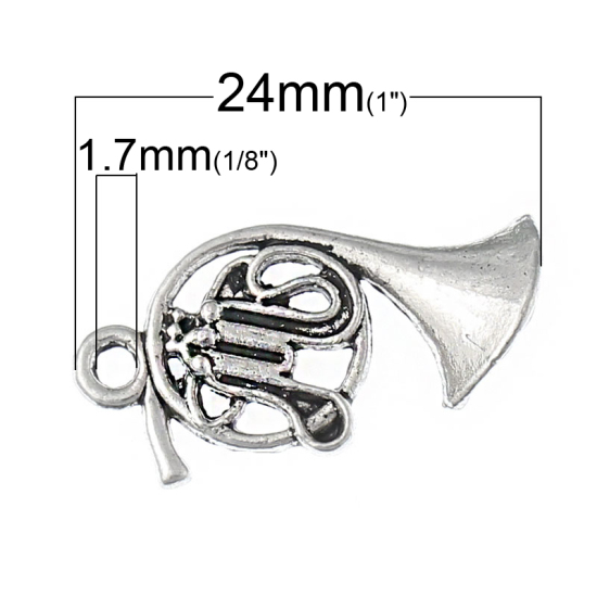 Picture of Zinc Metal Alloy Charm Pendants Musical Instrument French Horn Antique Silver Color 24mm(1") x 13mm( 4/8"), 100 PCs