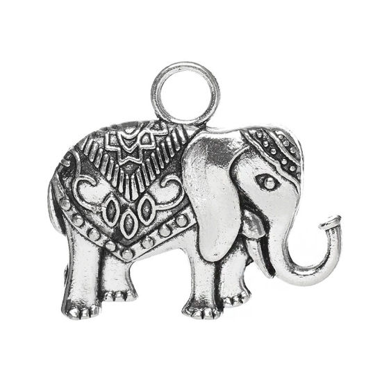 Immagine di Lega di Zinco Charm Ciondoli Elefante Argento Antico Modello Disegno 32mm x 28mm, 10 Pz