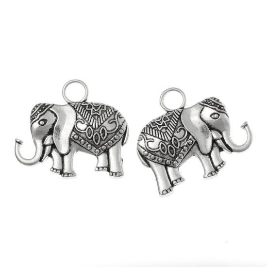 Immagine di Lega di Zinco Charm Ciondoli Elefante Argento Antico Modello Disegno 32mm x 28mm, 10 Pz
