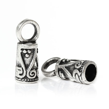 Necklace Cord End Tip Beads Caps W/Loop Antique Silver Color Flower Pattern Carved 14mm x 5mm,200PCs