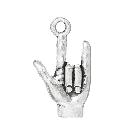 Picture of Zinc Metal Alloy Charm Pendants I Love You Finger Symbol Hand Antique Silver Color 22mm( 7/8") x 12mm( 4/8"), 100 PCs