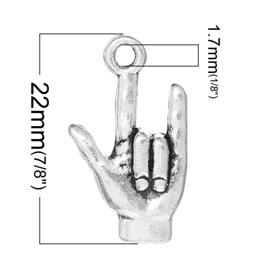 Picture of Zinc Metal Alloy Charm Pendants I Love You Finger Symbol Hand Antique Silver Color 22mm( 7/8") x 12mm( 4/8"), 100 PCs