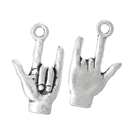 Picture of Zinc Metal Alloy Charm Pendants I Love You Finger Symbol Hand Antique Silver Color 22mm( 7/8") x 12mm( 4/8"), 100 PCs