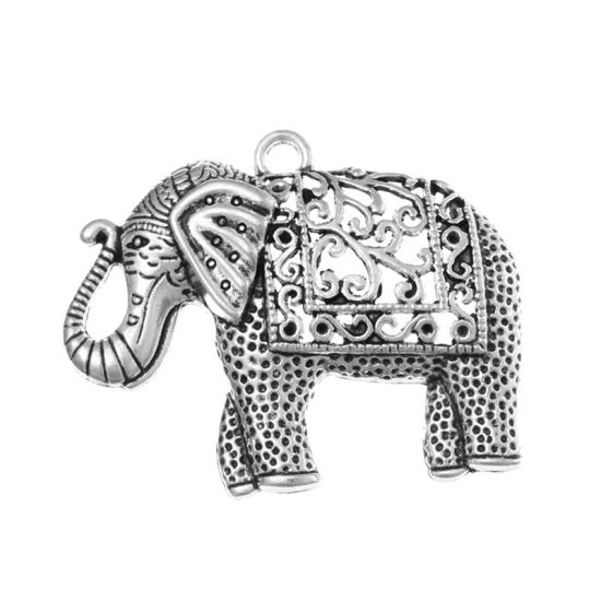 Picture of Zinc Metal Alloy Pendants Elephant Animal Antique Silver Color Flower Hollow Carved (Can Hold ss5 Rhinestone) 5.9cm x4.8cm(2 3/8" x1 7/8"), 5 PCs