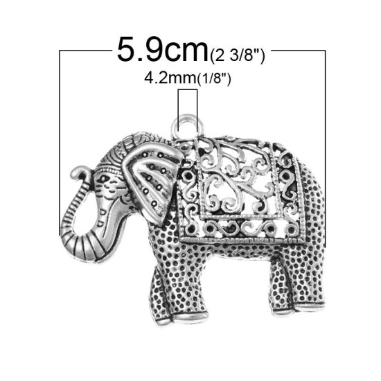 Picture of Zinc Metal Alloy Pendants Elephant Animal Antique Silver Color Flower Hollow Carved (Can Hold ss5 Rhinestone) 5.9cm x4.8cm(2 3/8" x1 7/8"), 5 PCs