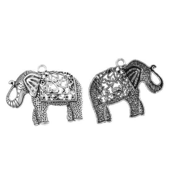 Picture of Zinc Metal Alloy Pendants Elephant Animal Antique Silver Color Flower Hollow Carved (Can Hold ss5 Rhinestone) 5.9cm x4.8cm(2 3/8" x1 7/8"), 5 PCs