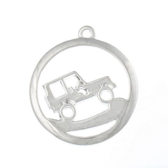 Picture of Charm Pendants Round Car Silver Plated Hollow 28mm x 24mm,20PCs