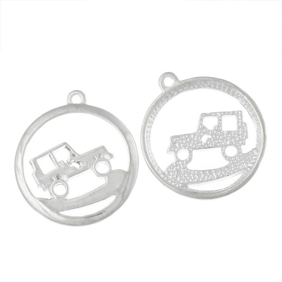 Picture of Charm Pendants Round Car Silver Plated Hollow 28mm x 24mm,20PCs